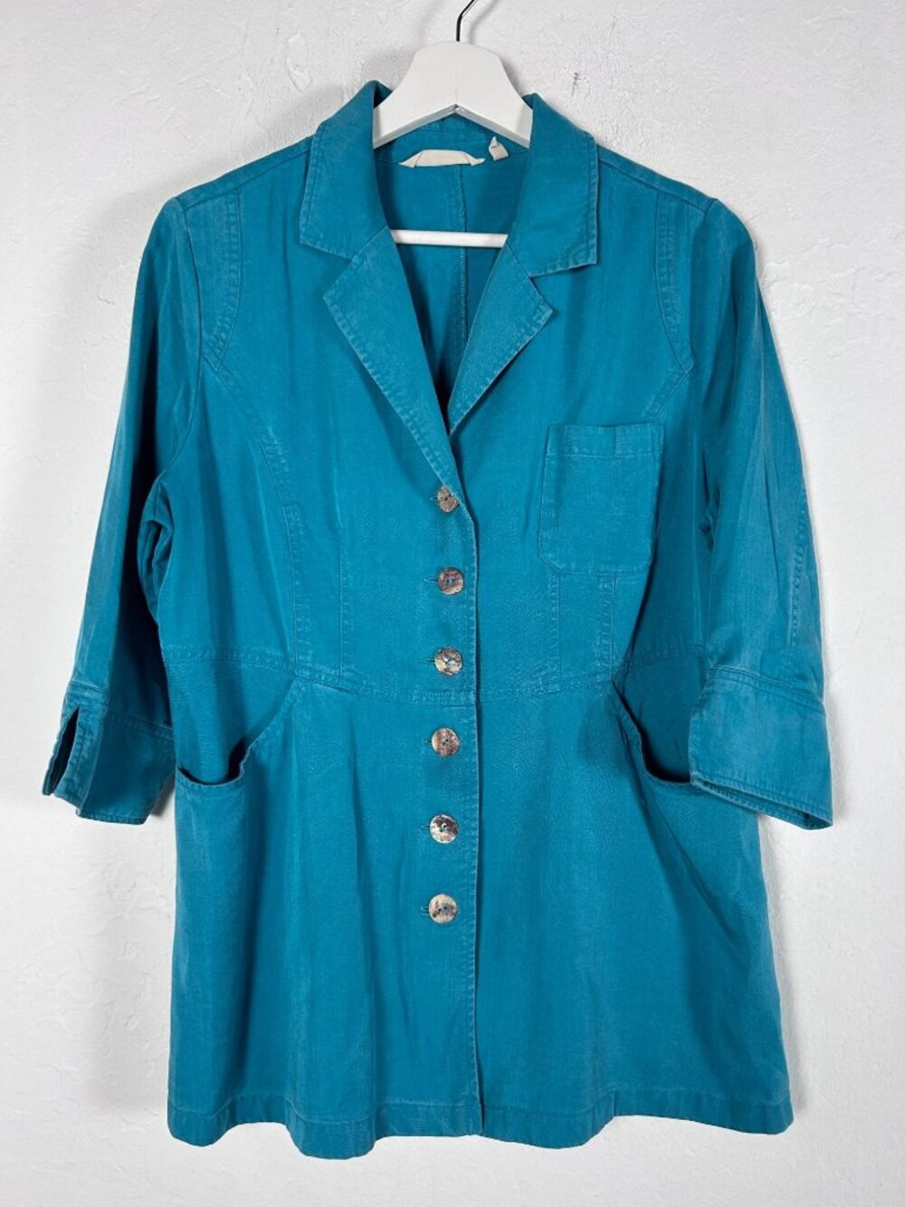 Soft Surroundings Womens Marcie Teal Button Down Shirt Tunic top Size PM Pockets